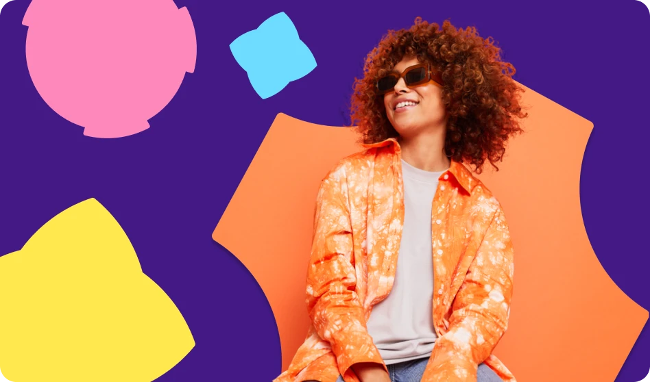 Woman wearing sunglasses against colorful abstract shapes representing Semrush digital marketing tools