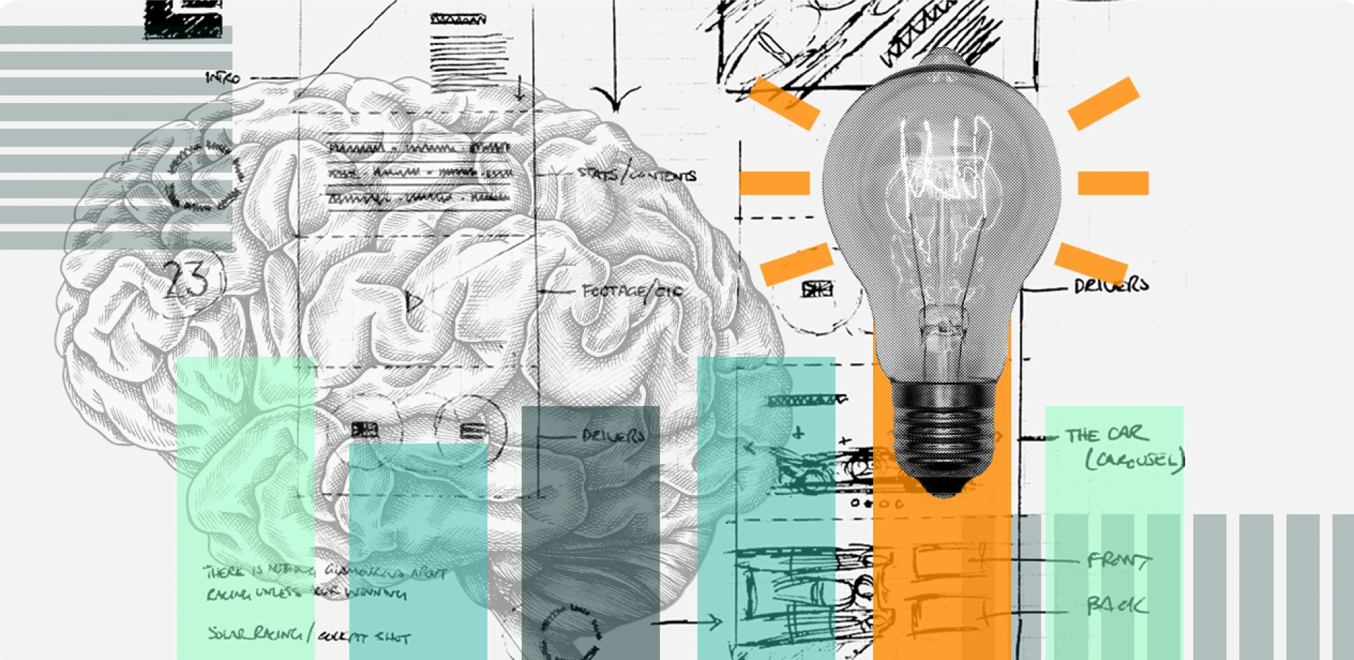 Collage-style illustration combining a detailed brain drawing, a glowing light bulb, and hand-drawn interface sketches to represent creative thinking and strategy development.