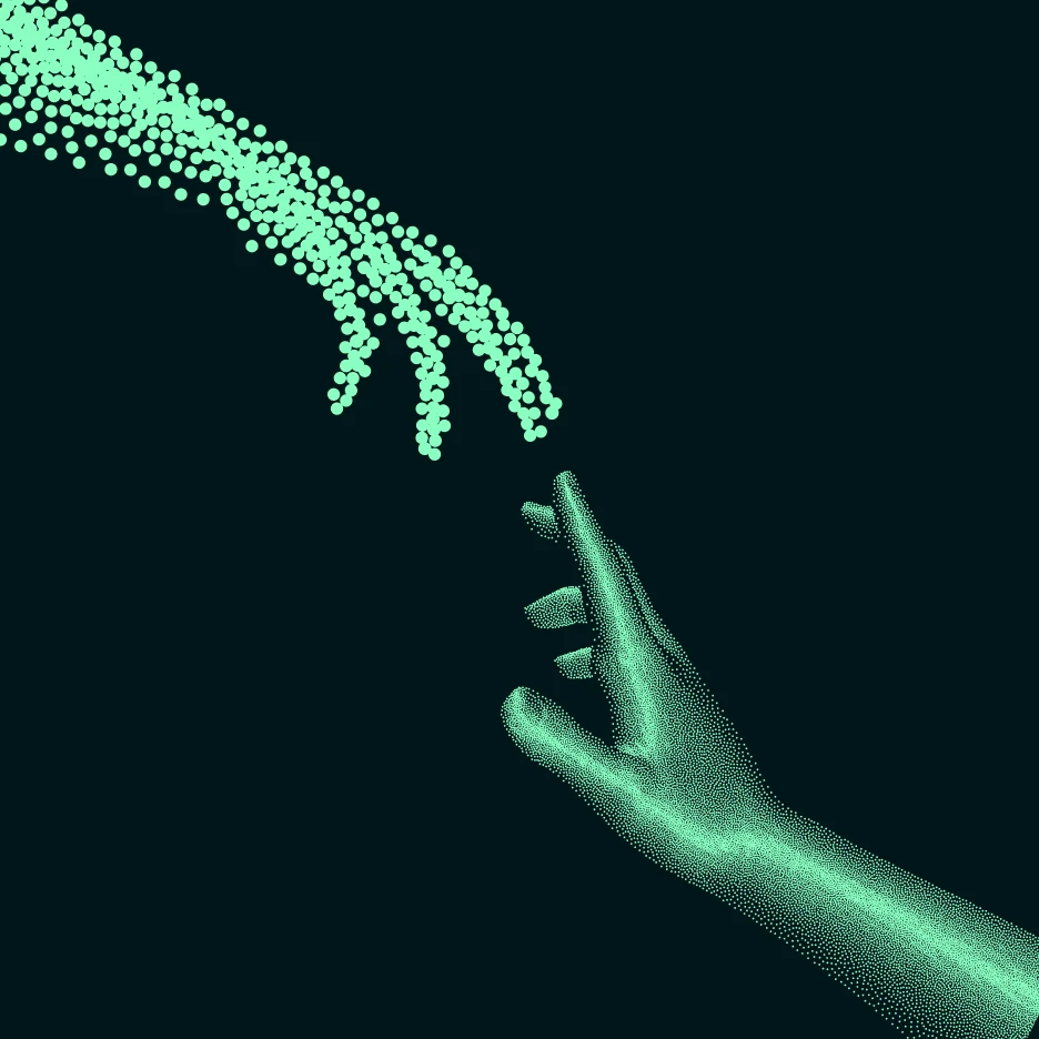 Abstract digital illustration of two hands made of glowing green data points reaching toward each other on a dark background, symbolizing human–technology connection, decentralization, and Web 3.0 interaction.