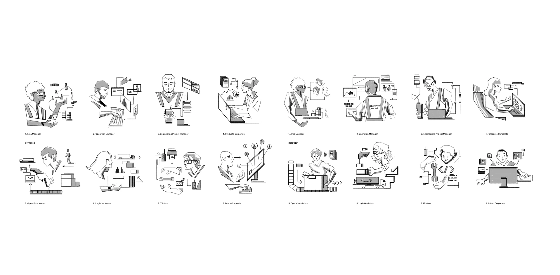 Line illustration icon set depicting different corporate roles including managers, engineers, and interns working with technology and data