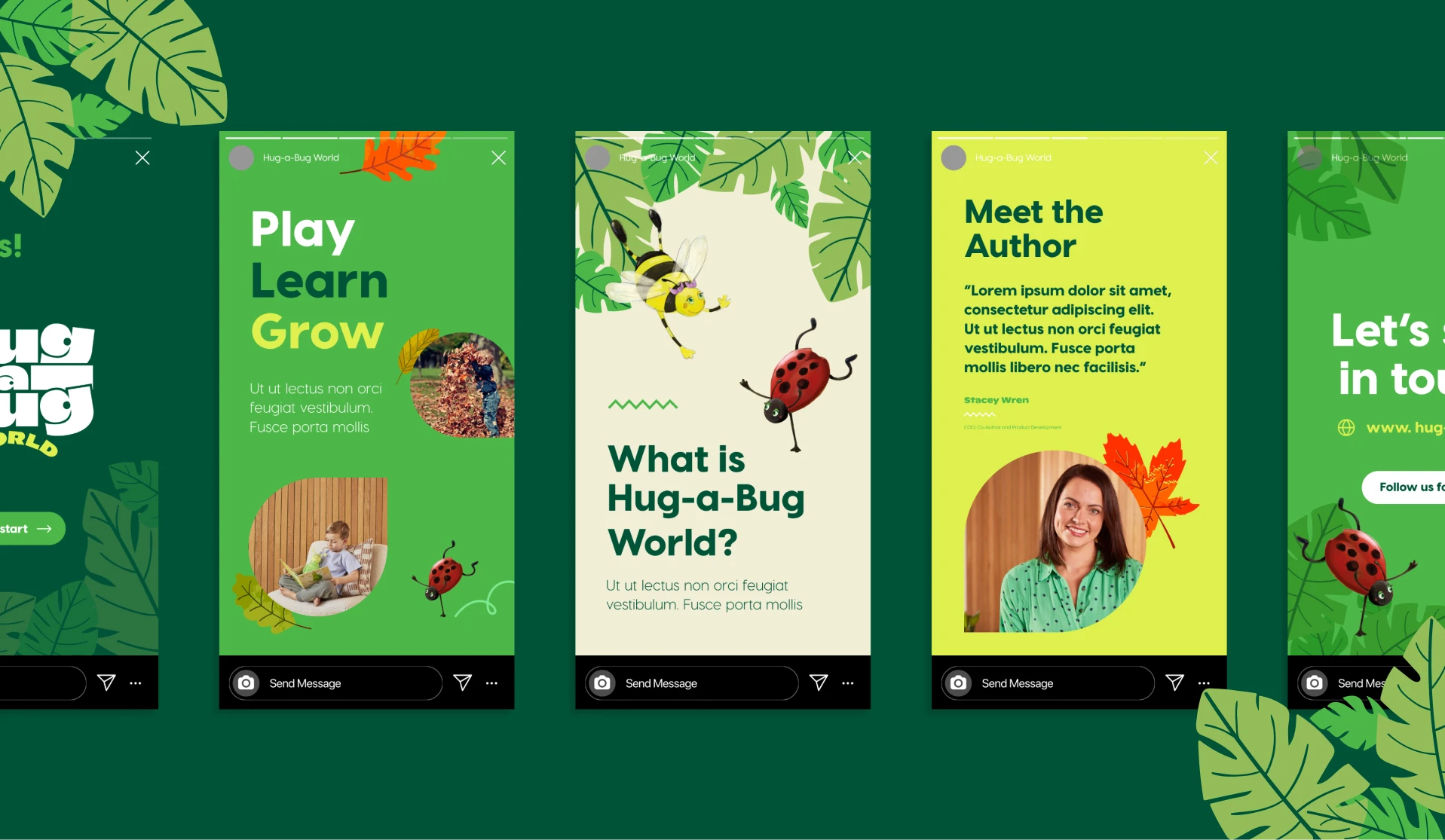 Series of mobile screens promoting Hug-a-Bug World, featuring educational content for children with playful illustrations, insects, and learning themes.