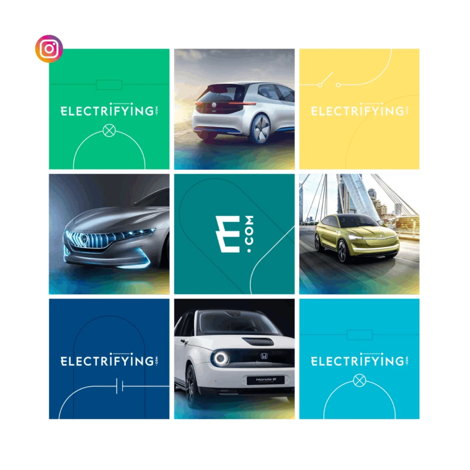 Instagram-style grid featuring electric cars and bold graphic tiles with “Electrifying” branding, showcasing a clean, modern visual identity for an electric mobility campaign.