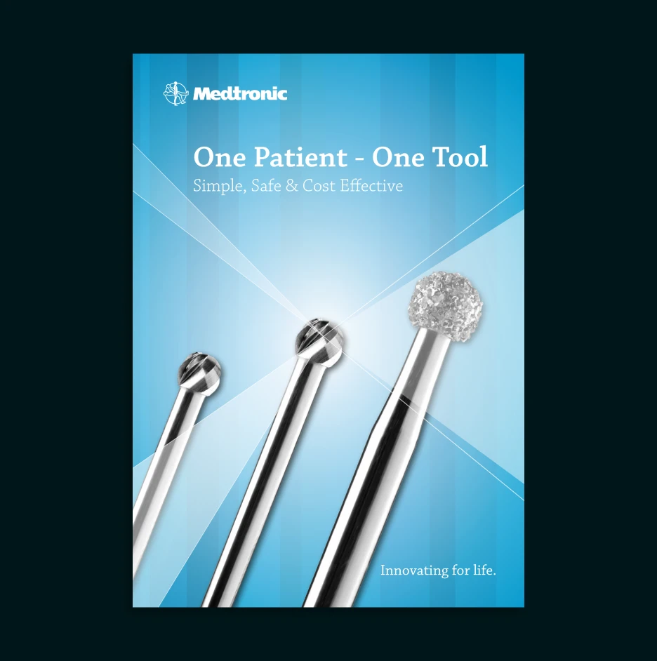 Medical product poster showing three surgical tools on a blue background with the message “One Patient – One Tool,” promoting safe and cost-effective healthcare solutions.