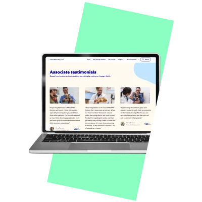 Laptop displaying an associate testimonials webpage, representing digital development and user experience services.