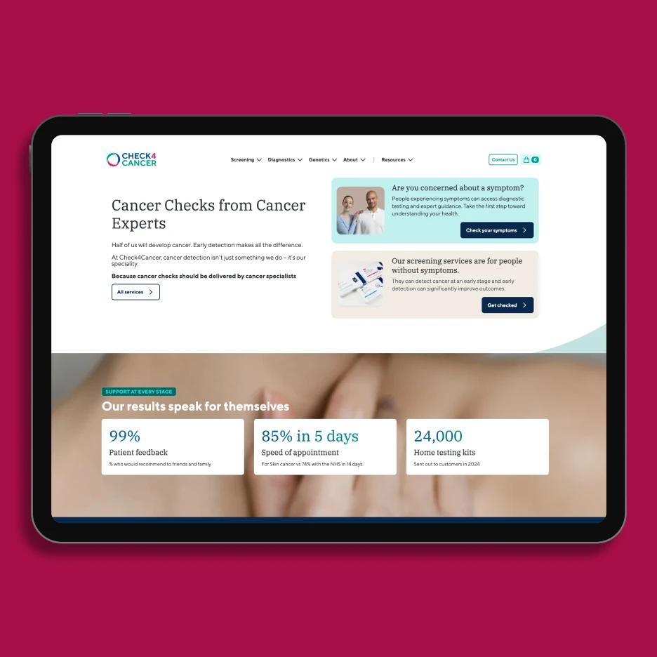 Tablet displaying healthcare screening services website with cancer checks information and statistics