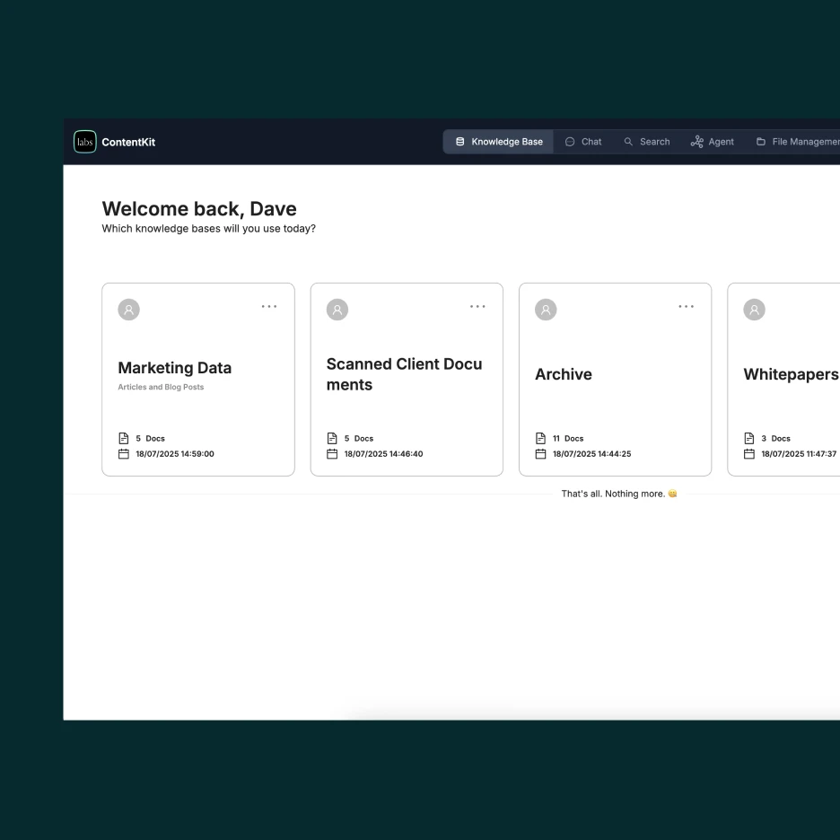 ContentKit dashboard showing knowledge base cards for marketing data, scanned client documents, archive, and whitepapers.