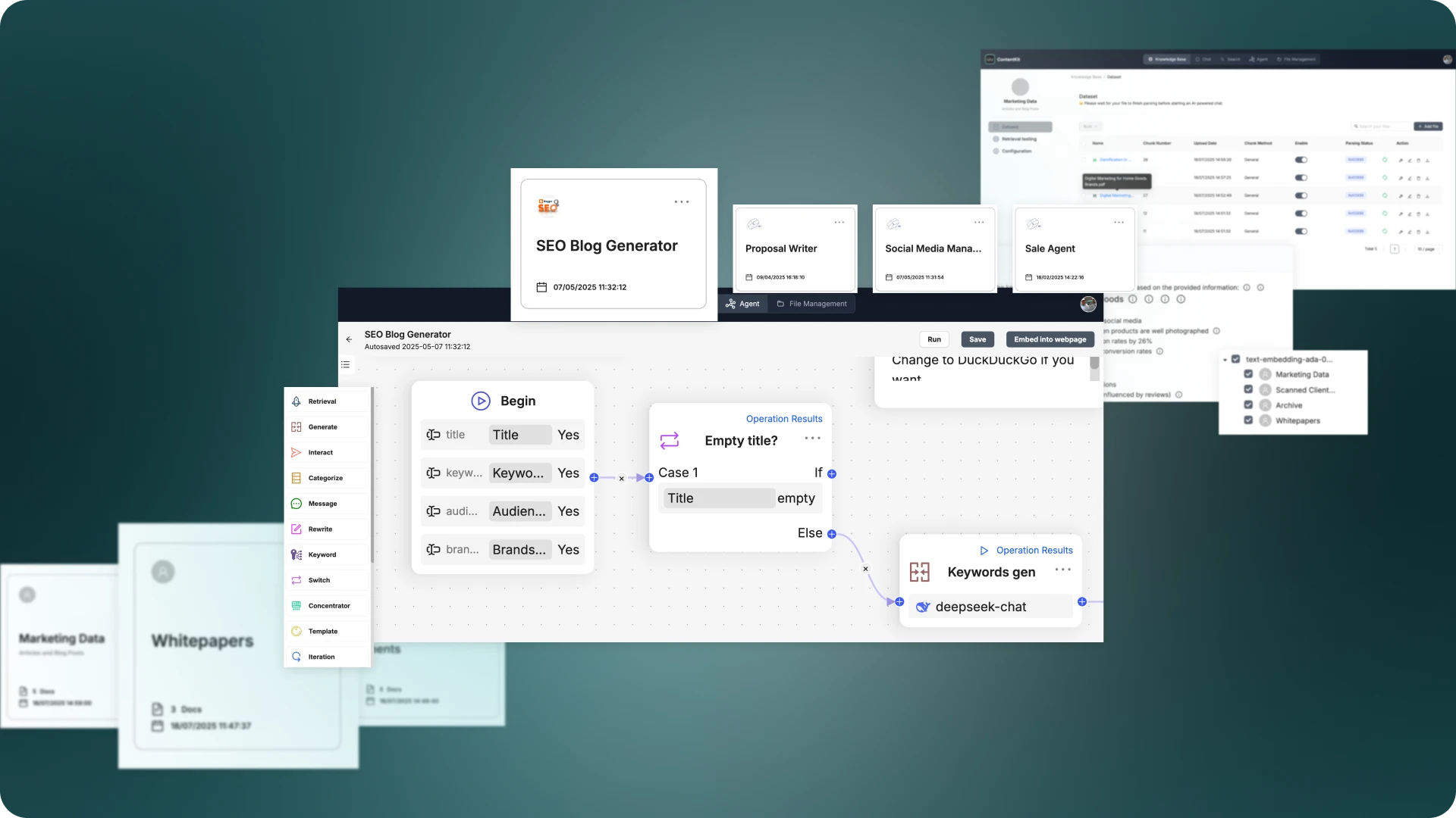 ContentKit interface showing an SEO blog generator workflow with automation steps, agents, and connected content tools.