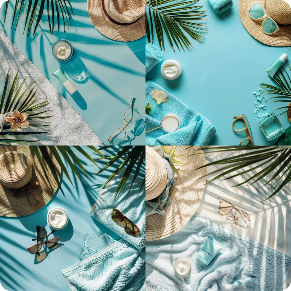 AI-generated collage of summer beauty and skincare flat lays with hats, sunglasses, towels, and cosmetic products on a blue background