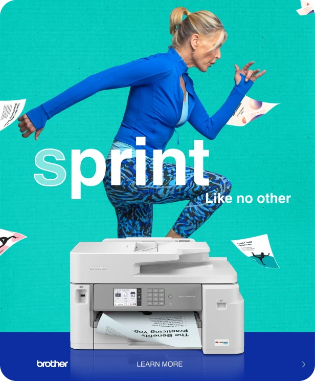 Brother printer advertising campaign showing a woman sprinting above a printer with the message “Sprint like no other”