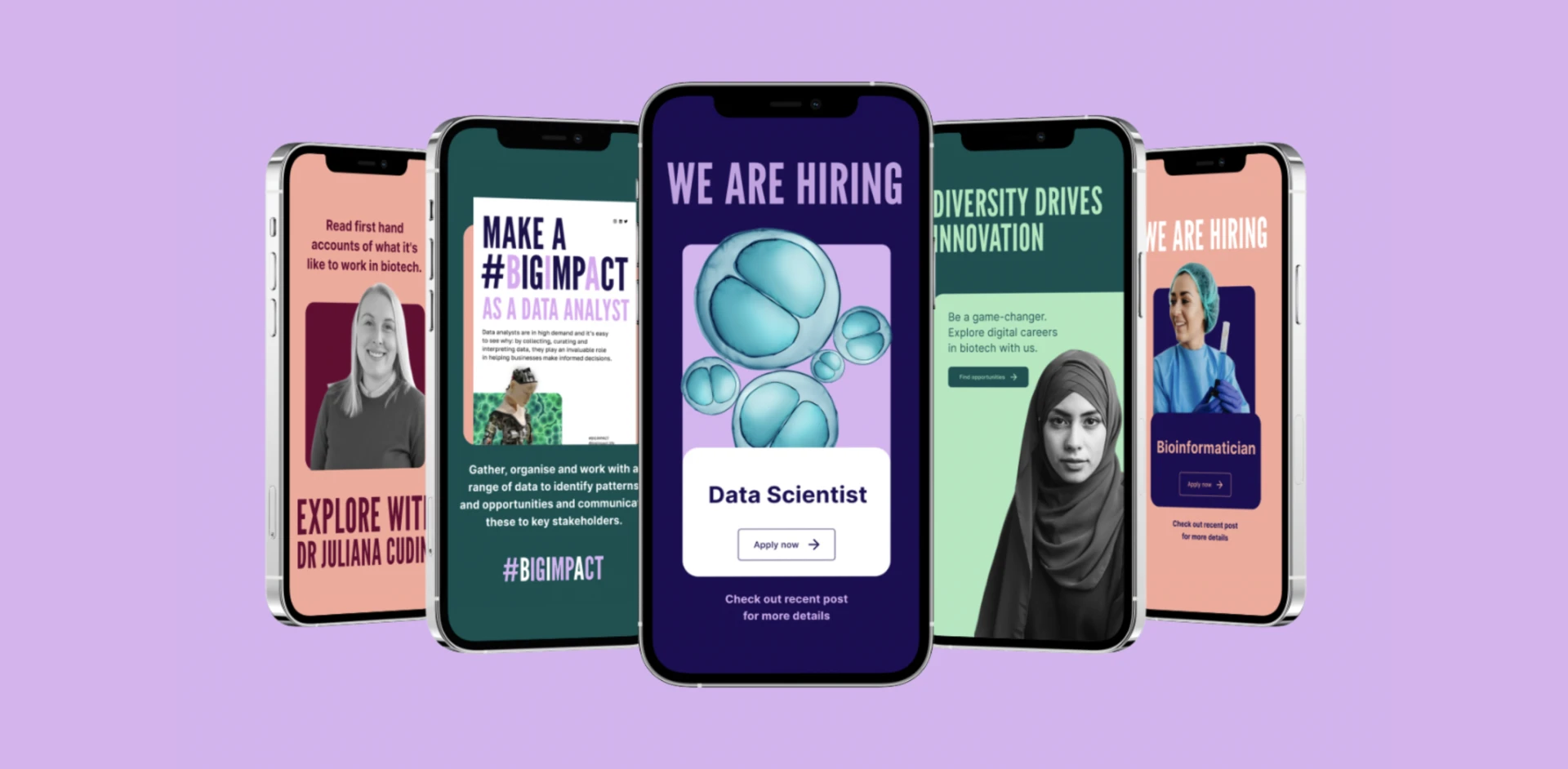 Mobile social media recruitment campaign designs displayed on smartphones featuring hiring ads for biotech and data science roles
