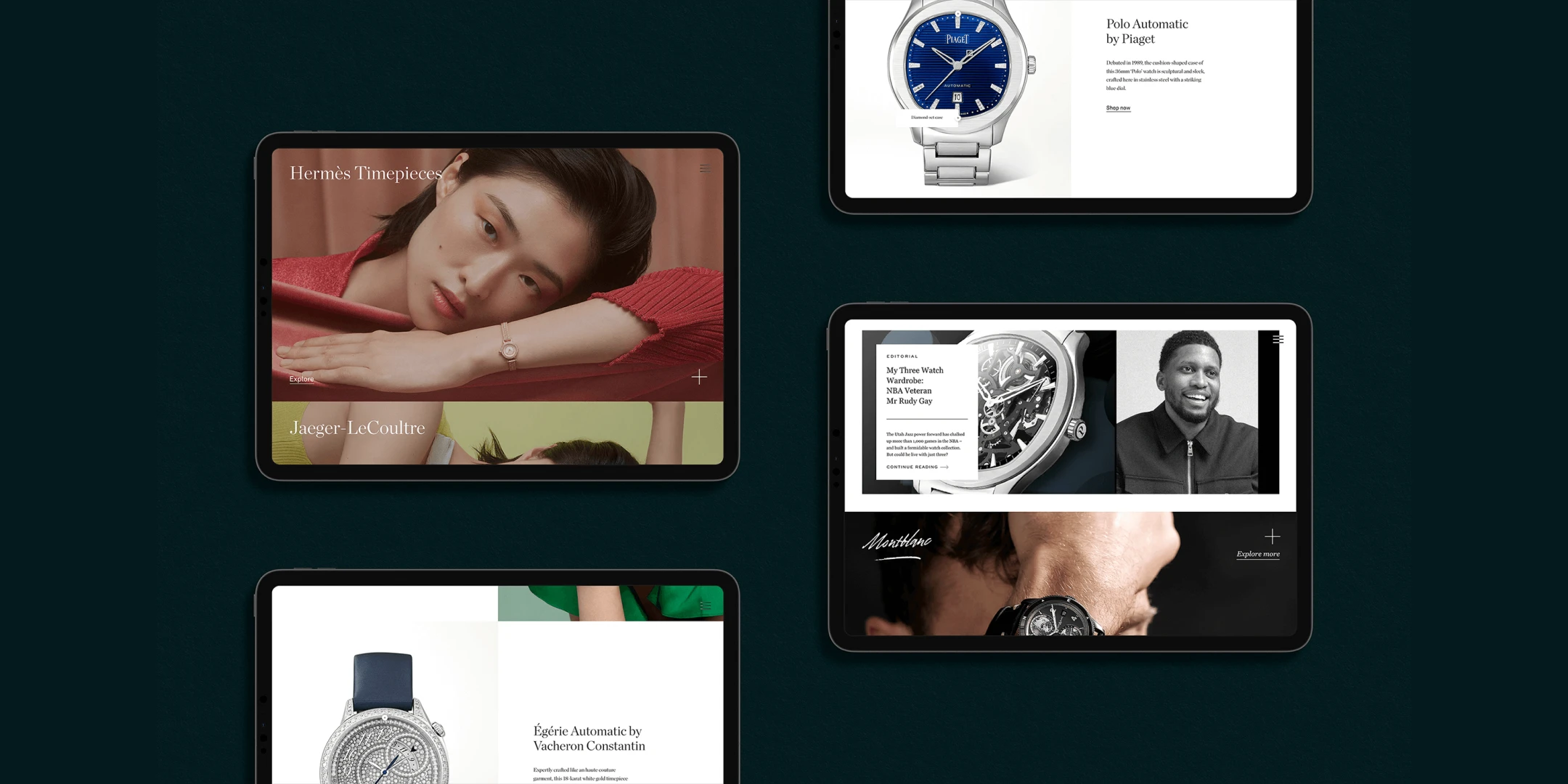 Tablet screens displaying luxury watch ecommerce website design with product showcases and editorial content