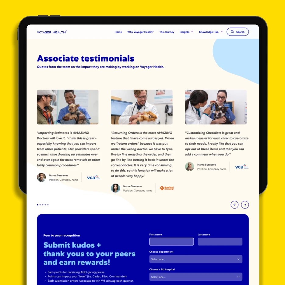 Tablet displaying healthcare website testimonials page with team feedback and submission form