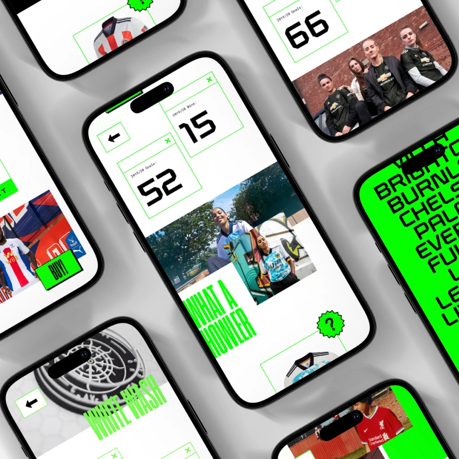 Sports mobile app interface design displayed on multiple smartphone screens