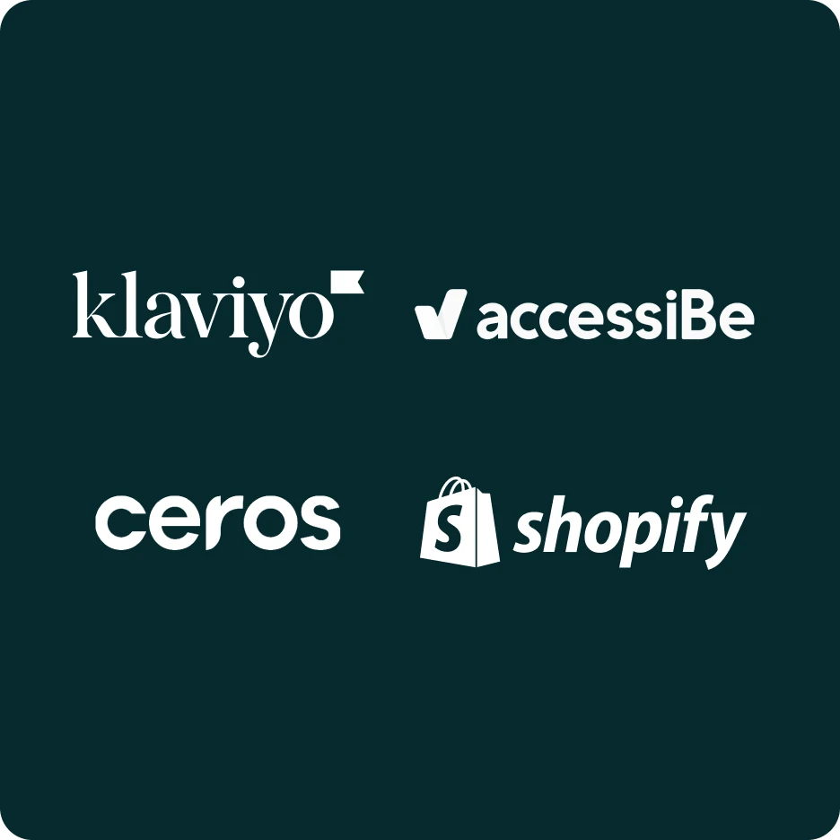 Logos of Klaviyo, accessiBe, Ceros, and Shopify displayed on a dark background.