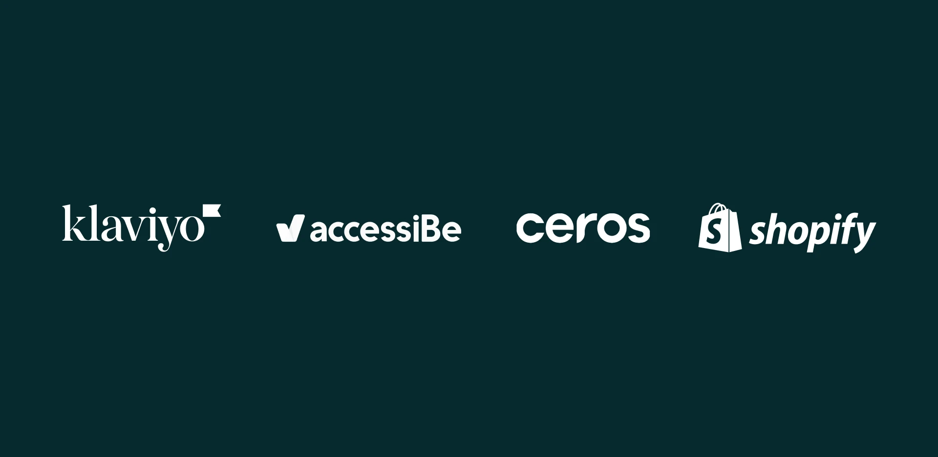 Klaviyo, accessiBe, Ceros, and Shopify technology partner logos displayed on a dark background