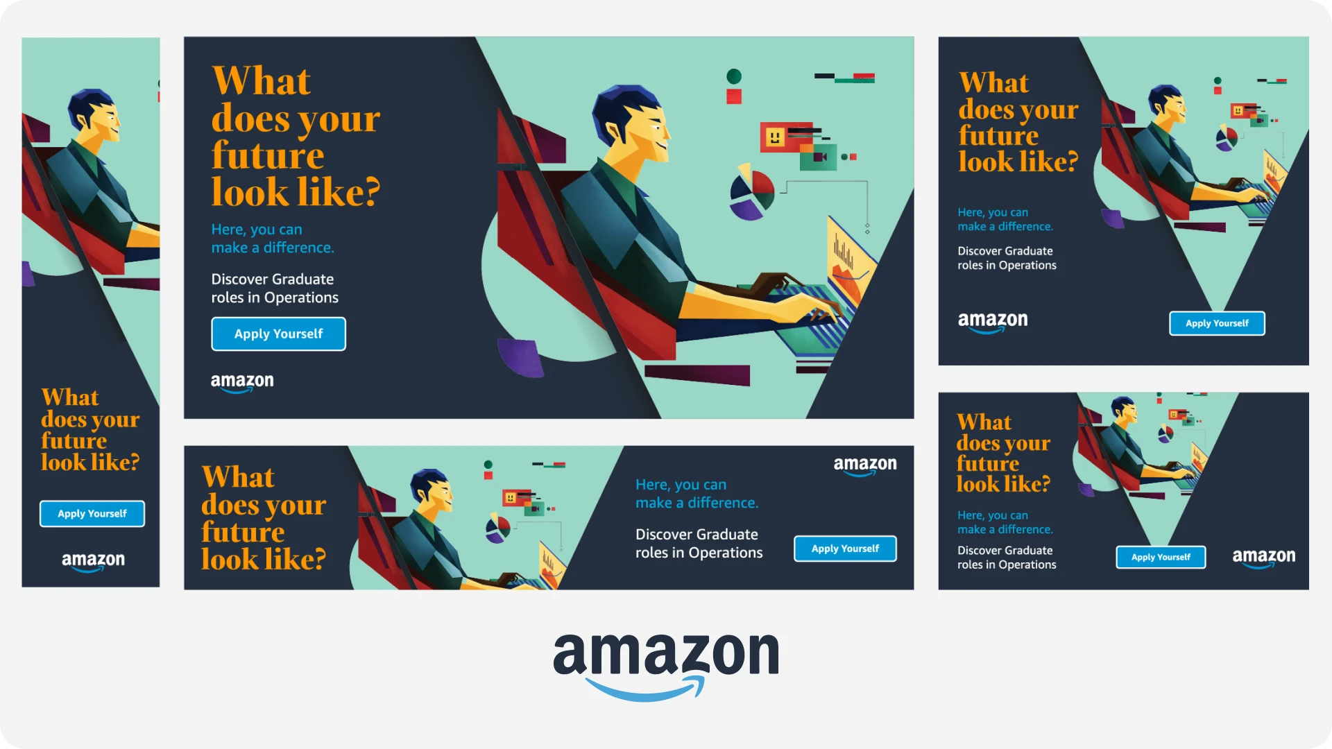 Multi-format digital advertising banner campaign with illustrated professional working on laptop promoting graduate roles