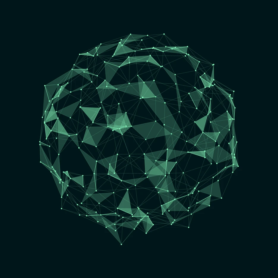 Abstract 3D sphere formed by interconnected glowing green nodes and triangular meshes on a dark background, representing decentralized networks, blockchain infrastructure, and Web 3.0 ecosystems.
