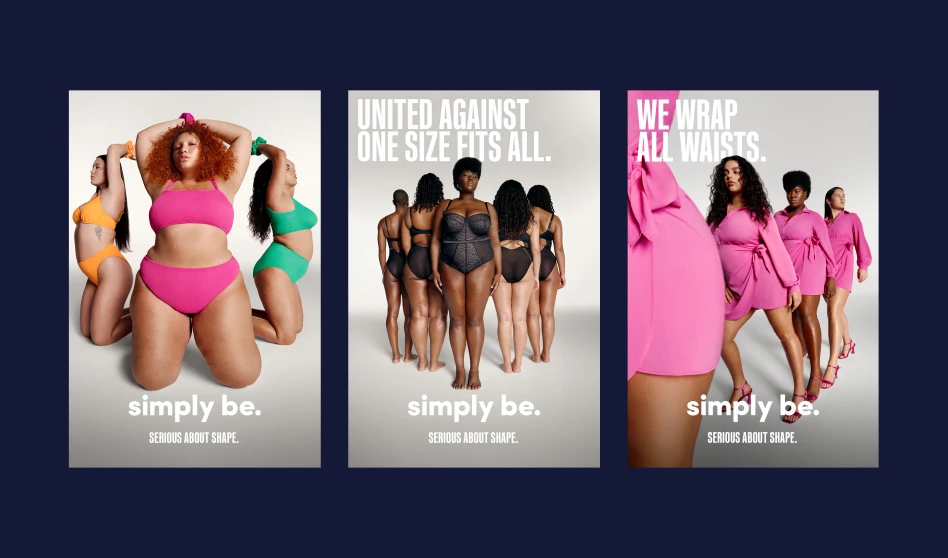 Inclusive fashion campaign featuring diverse women wearing body-positive swimwear and dresses