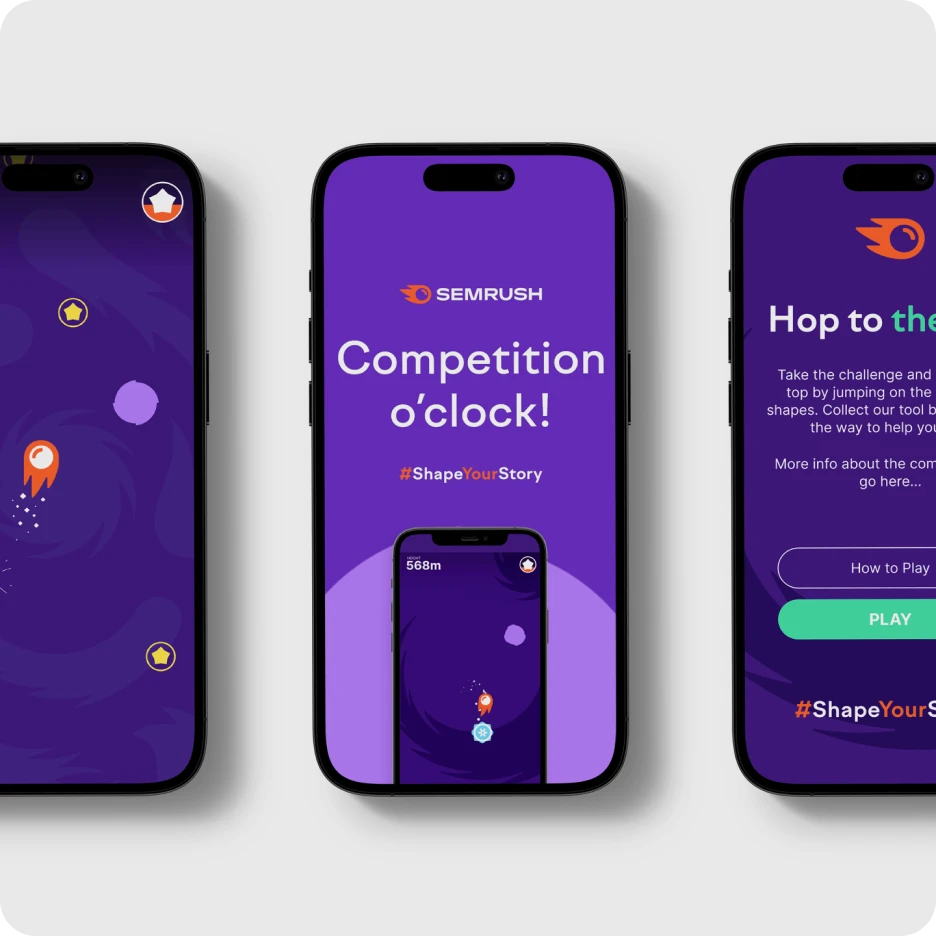 Mobile gamified marketing campaign screens promoting SEMrush competition with interactive gameplay interface on smartphones