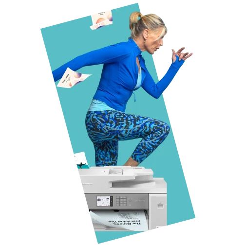 Creative collage showing a woman running from a printer with floating printed pages representing fast and dynamic design services