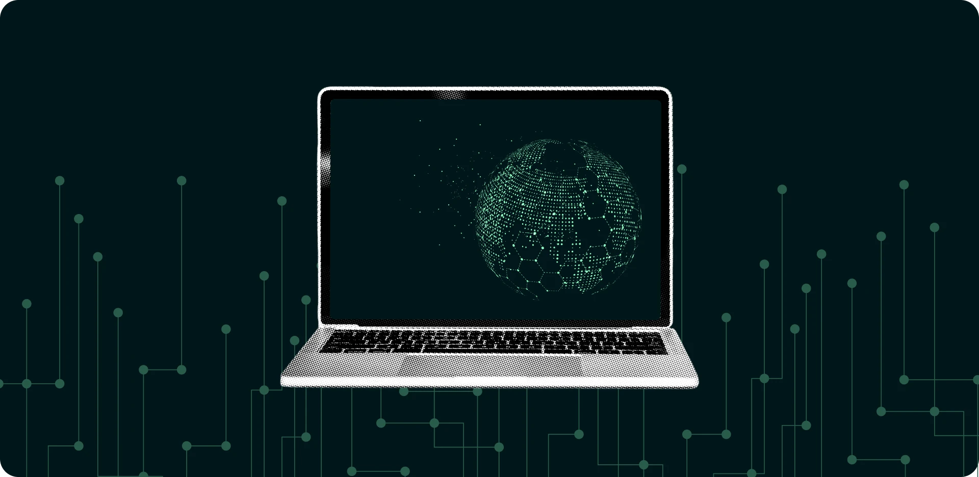 Stylized illustration of a laptop displaying a glowing digital globe made of connected data points, set against a dark background with circuit-like lines, representing Web 3.0, decentralized technology, and global connectivity.
