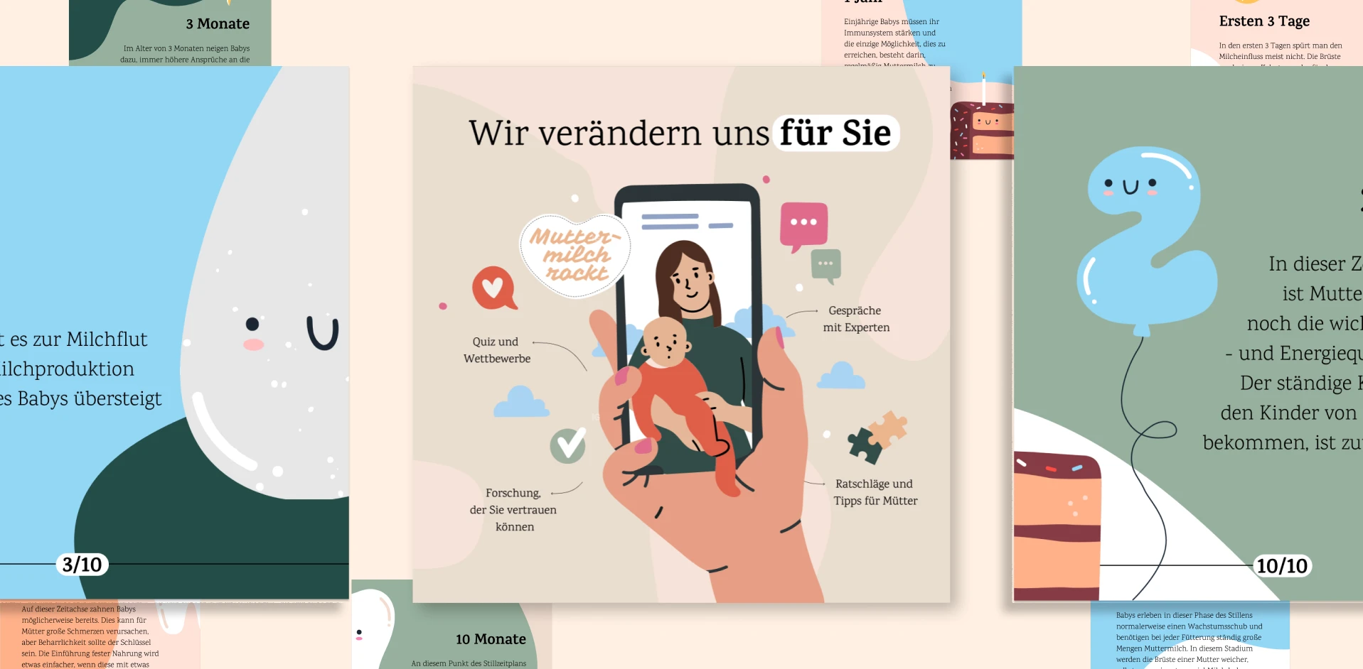 Illustrated social media campaign graphics about motherhood and baby development displayed in mobile-style content cards