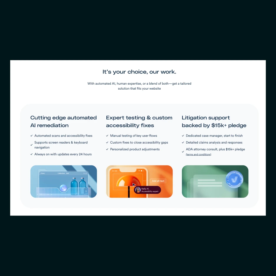accessiBe accessibility solutions overview showing automated AI remediation, expert testing, and litigation support options