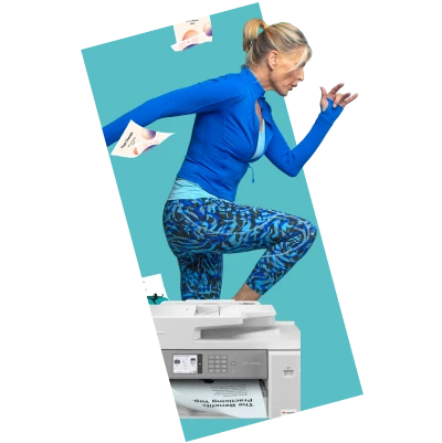 Woman in athletic wear running in place above a multifunction printer, representing fast, dynamic creative design services.