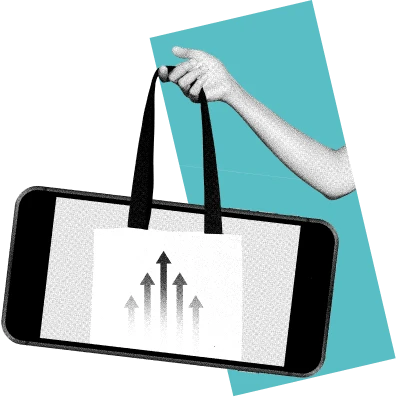 Smartphone held like a shopping bag with upward arrows, representing ecommerce growth, digital retail, and online sales performance.