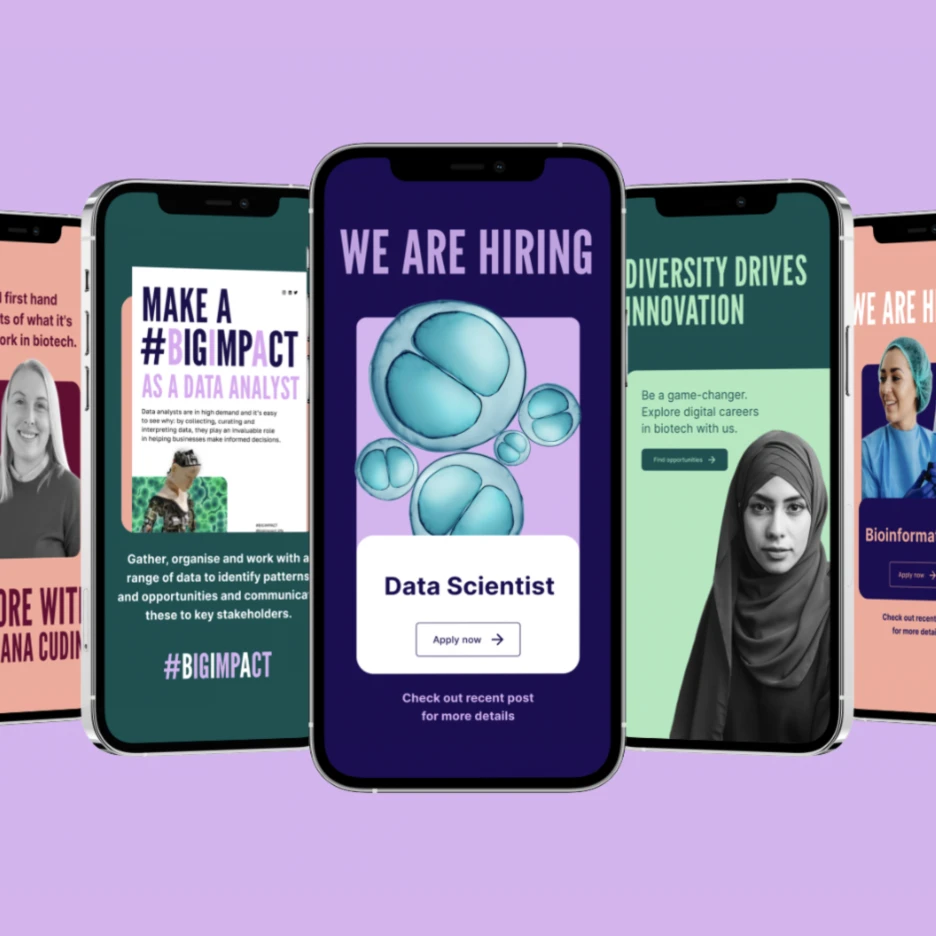 Row of smartphone screens promoting hiring and diversity in biotech and data science, featuring recruitment messages and career opportunities.