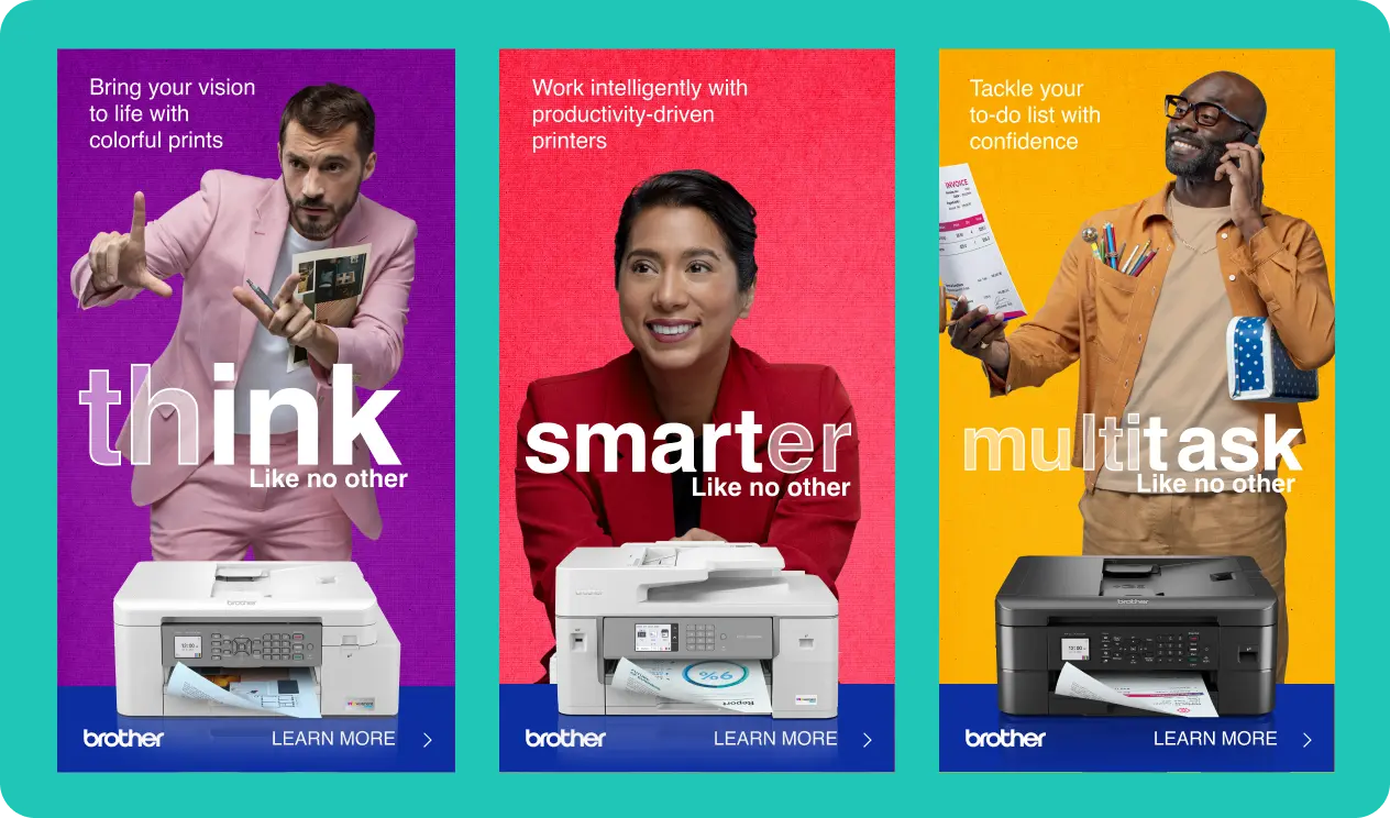 Brother printers advertising campaign featuring three colourful posters promoting thinking, working smarter, and multitasking with Brother printers