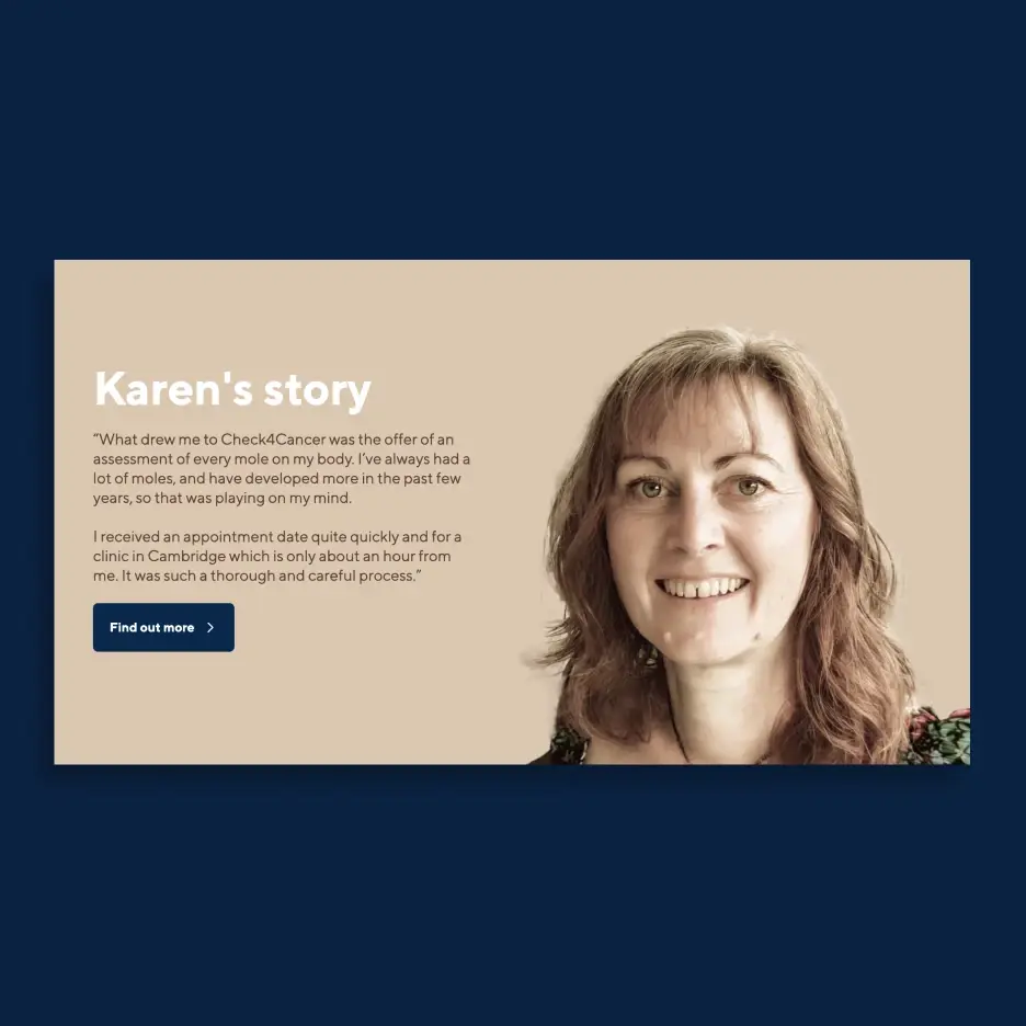 Customer testimonial section featuring patient story and portrait on a healthcare website