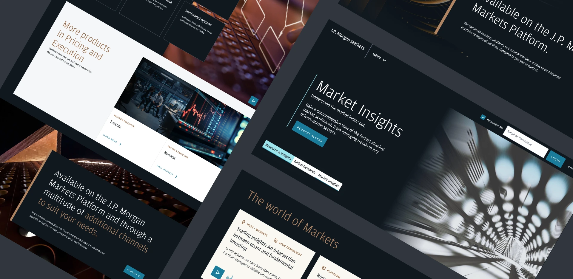 Collage of dark-themed fintech web interfaces showing market insights dashboards, pricing and execution tools, trading data visualizations, and financial research content.