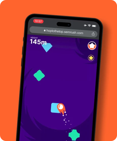 Smartphone displaying Semrush interactive mobile game on purple background