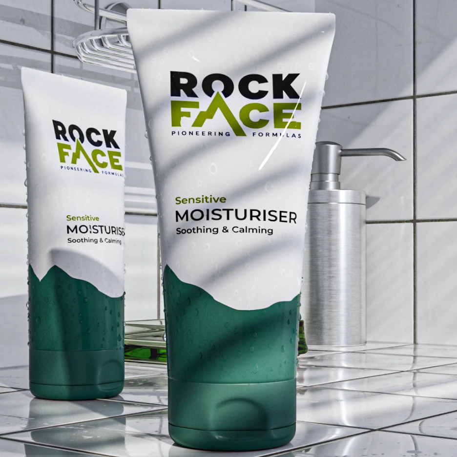 Rock Face sensitive moisturiser tubes in a tiled bathroom setting