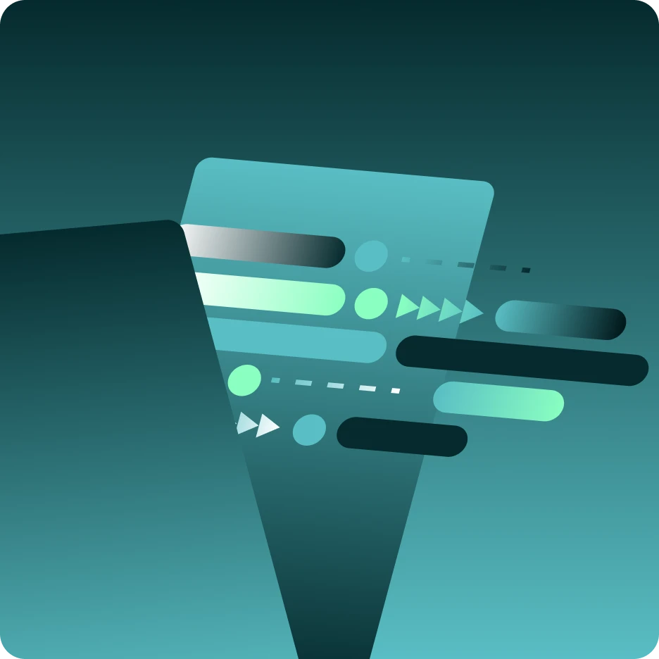 Abstract illustration representing automated technology workflows with layered interface elements and directional data flow.