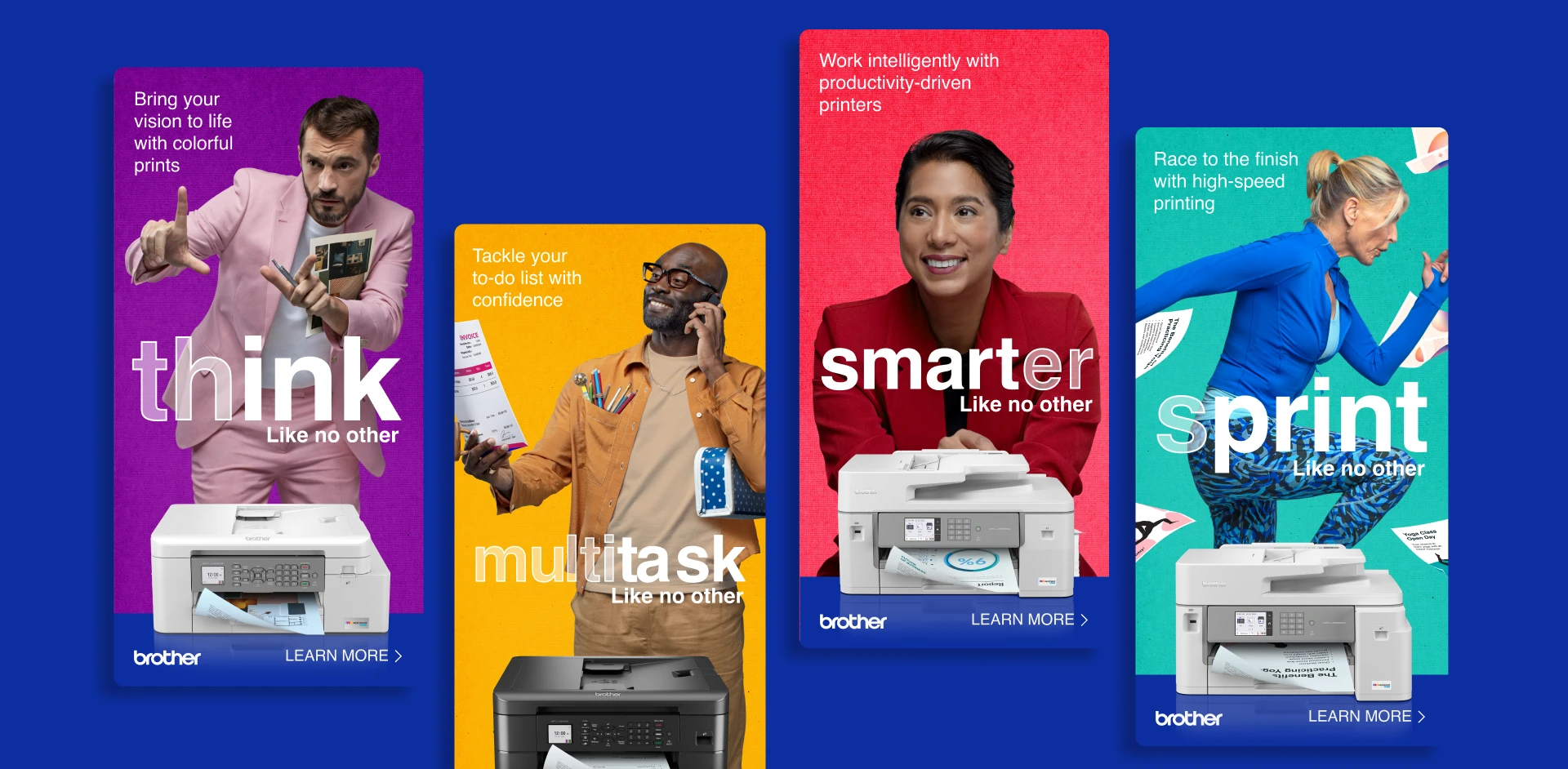 Collection of colourful ecommerce digital marketing ad creatives promoting printer products